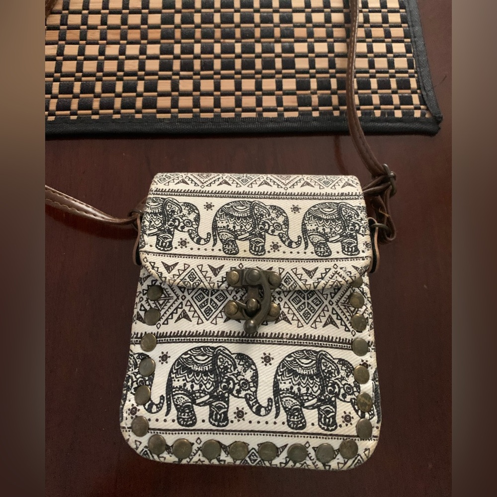 Elephant Print Crossbody Bag - Black and Cream